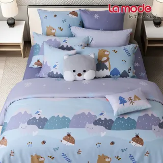 【La mode】活動品-環保印染100%精梳棉兩用被床包組-夢遊雪之森+雪狐圓寶兩用抱枕毯(雙人)