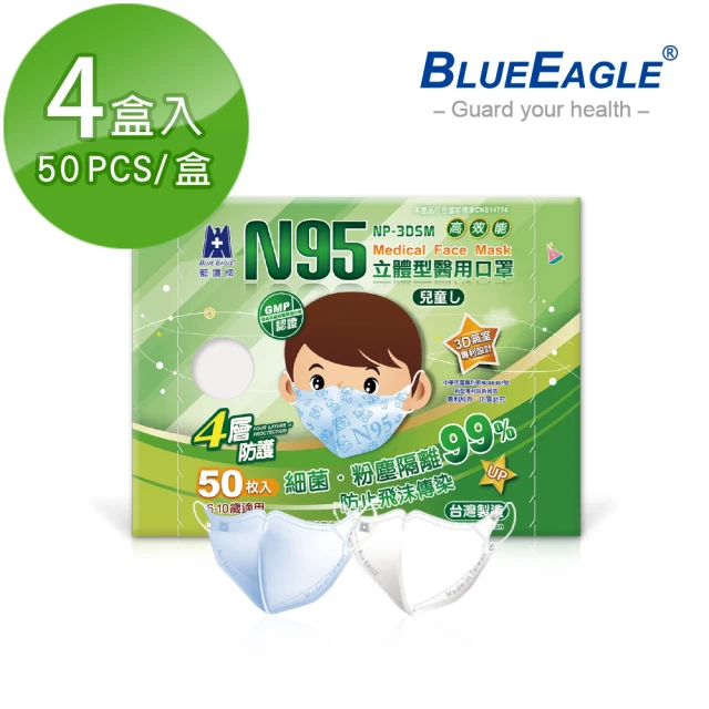 【藍鷹牌】N95立體型6-10歲兒童醫用口罩 50片x4盒(藍天藍/白雲白)