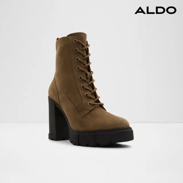 【ALDO】REBEL2.0-時尚高跟綁帶皮革中筒靴-女靴(卡其色)