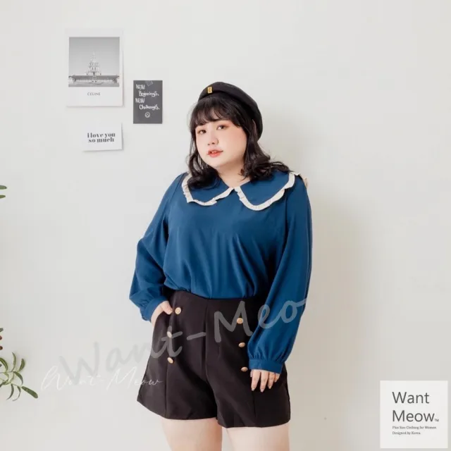 【Want-Meow】90公斤可穿/長袖韓系氣質撞色邊寶寶領襯衫(長袖上衣/大碼/大尺碼/加大碼/孕婦裝)