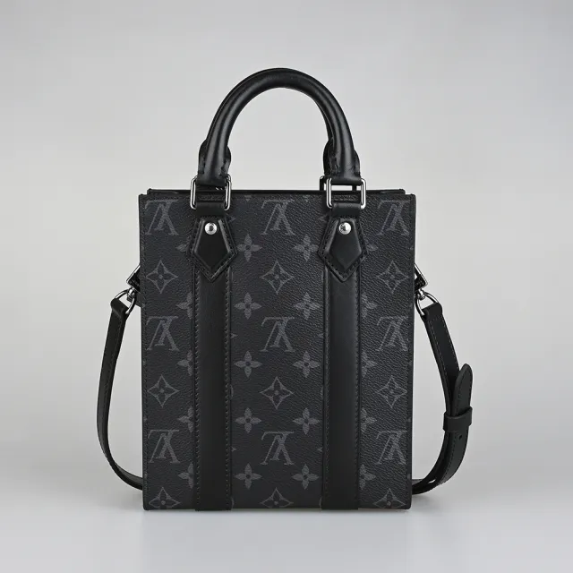 【Louis Vuitton 路易威登】LV Sac Plat Mini灰色LV字LOGO復古帆布開口式手提/斜背包(男款/迷你/炭黑)