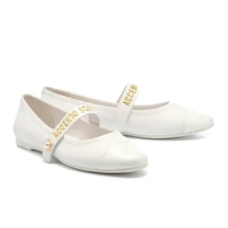 【AS 集團】率性優雅LOGO珍珠繫帶拼接格紋布瑪莉珍平底鞋(白)