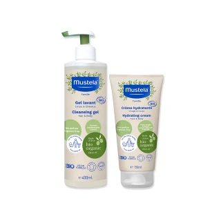 【Mustela 慕之恬廊】有機好橄保養基礎組(雙潔露400ml+潤膚乳150ml 無香 歐盟ECOCERT+法國BIO認證)