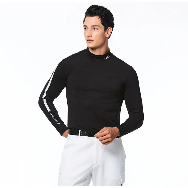 【Lynx Golf】首爾高桿風格！男款合身版內刷毛環保素材吸排抗UV造型貼膜設計長袖高領POLO衫(二色)