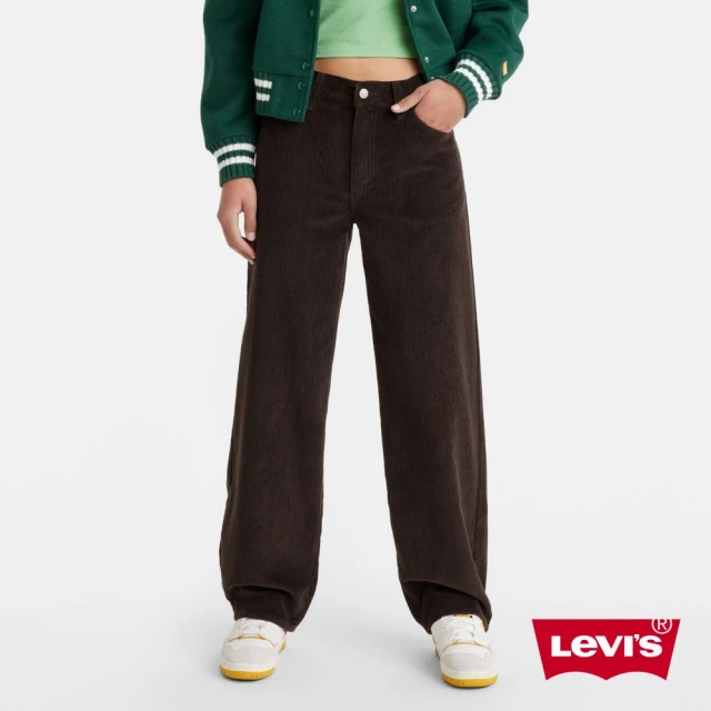 LEVIS 女款 街頭休閒風高腰寬直筒燈芯絨長褲 / 咖啡 人氣新品