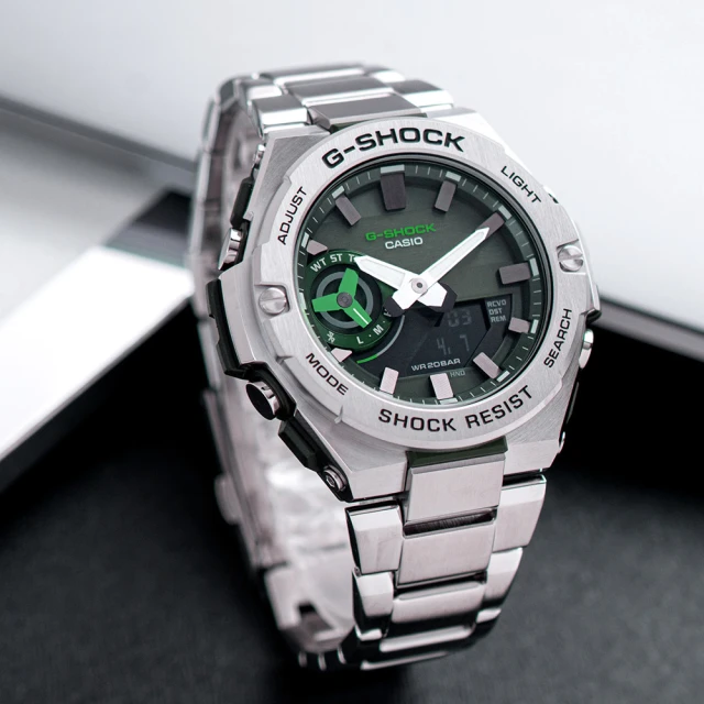 【CASIO 卡西歐】G-SHOCK G-STEEL系列 手機藍牙連線耐衝擊雙顯不鏽鋼腕錶/銀x綠面(GST-B500AD-3A)
