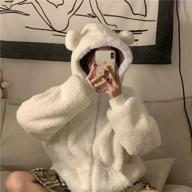 【D.studio】韓版甜美可愛毛絨小熊耳朵長袖外套(毛絨外套 百搭外套 上衣 女裝 衣服 外套 J136)
