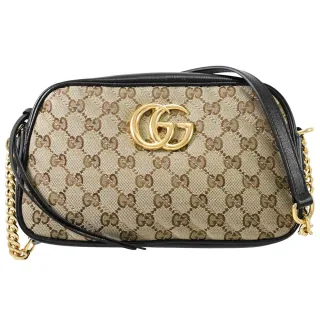 【GUCCI 古馳】GG Marmont 經典雙G緹花格紋帆布拼接相機包斜背包(駝/黑)