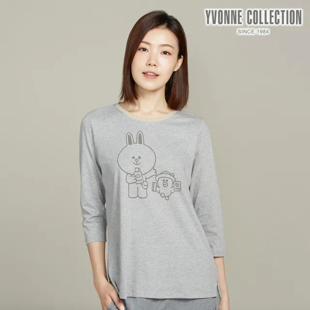 【YVONNE 以旺傢飾】兔兔莎莉網印七分袖上衣-迷霧灰(LINE FRIENDS)