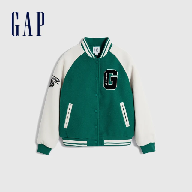 GAP 女童裝 Logo印花圓領棒球外套-白綠拼接(789208)