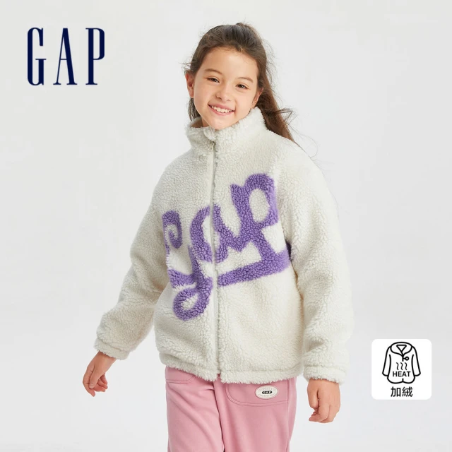 GAP 女童裝 Logo小熊刺繡仿羊羔絨立領長袖外套-深紫色