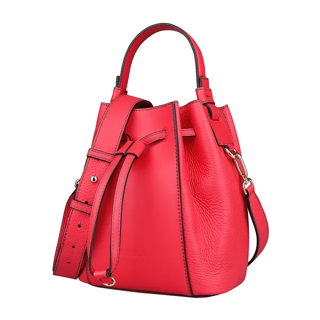 【FURLA 芙拉】FURLA MIASTELLA壓印LOGO內裡撞色設計小牛皮抽繩束口手提斜背水桶包(迷你/火焰紅x桃紅)