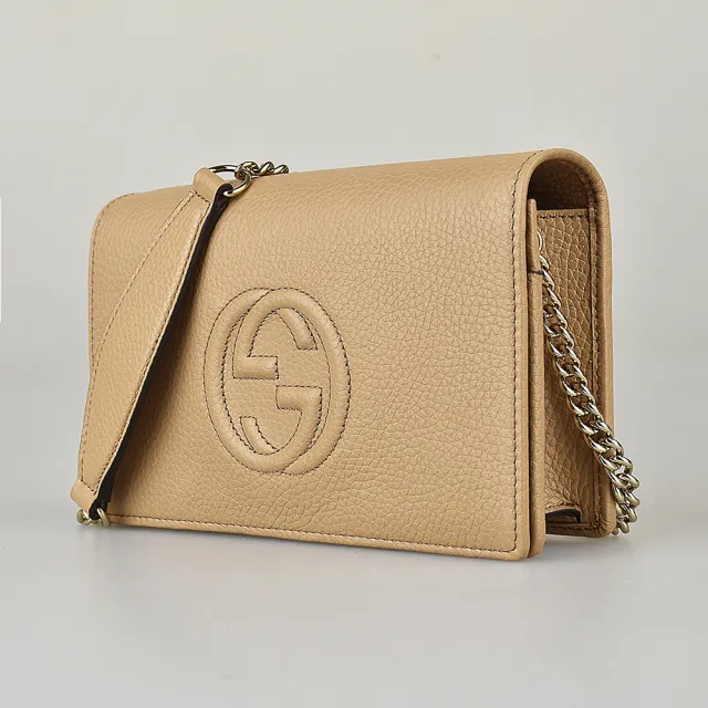 【GUCCI 古馳】GUCCI SOHO雙G LOGO牛皮6卡釦式斜背包(駝)