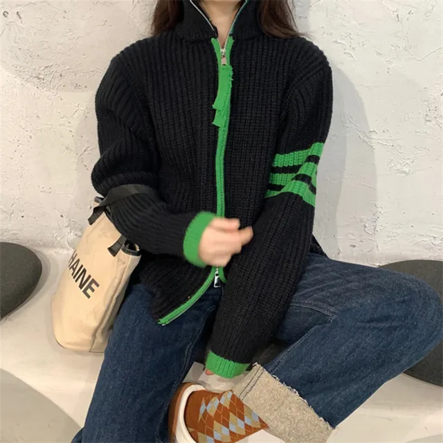 【巴黎精品】現貨+預購 毛衣外套長袖針織衫(立領條紋拼接夾克女外套4色a1dh102)