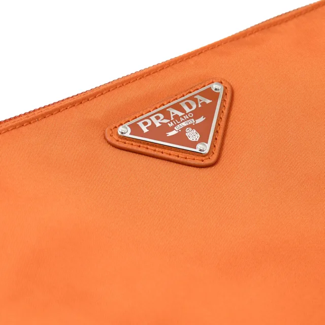 【PRADA 普拉達】經典三角LOGO尼龍大手拿包手提包萬用包(木瓜橘)