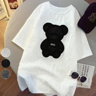 【Shiny 藍格子】小熊貼布圓領寬鬆短袖T恤 V3740 現+預(女裝)