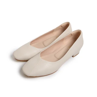 【KOKKO 集團】超柔軟羊皮小方頭低跟包鞋(米白色)