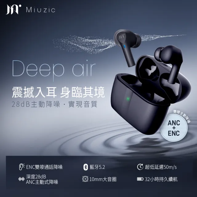 【Miuzic 沐音】DeepAir D5 ANC+ENC雙嘜主動降噪真無線藍牙耳機(低延遲/藍牙5.2/32hrs超強續航/大音圈10mm)