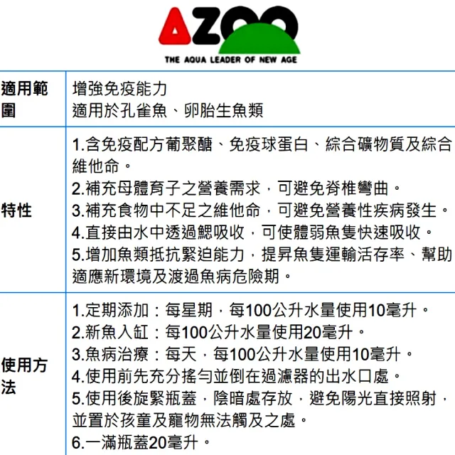 【AZOO】孔雀魚免疫維他命劑 250ml 卵胎生魚類/維他命/愛族(成魚/幼魚成長/營養補充)