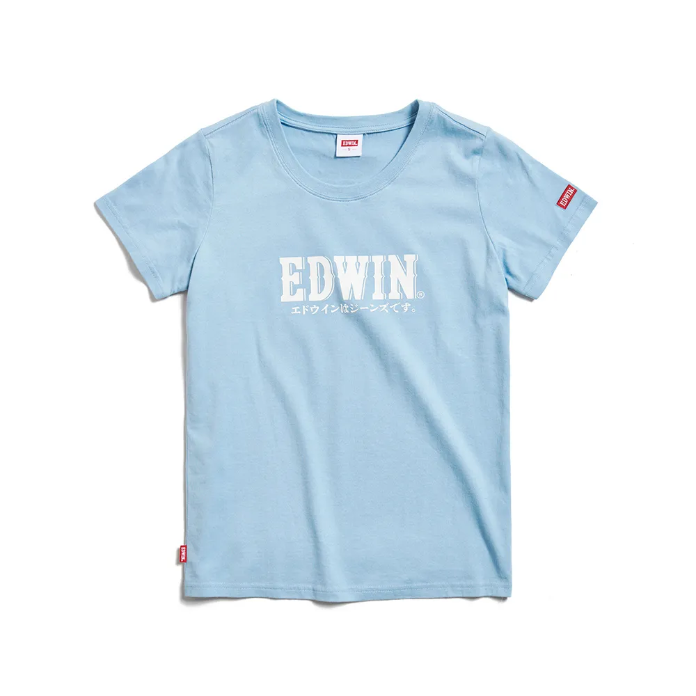 【EDWIN】女裝 小火車復古LOGO短袖T恤(淺藍色)