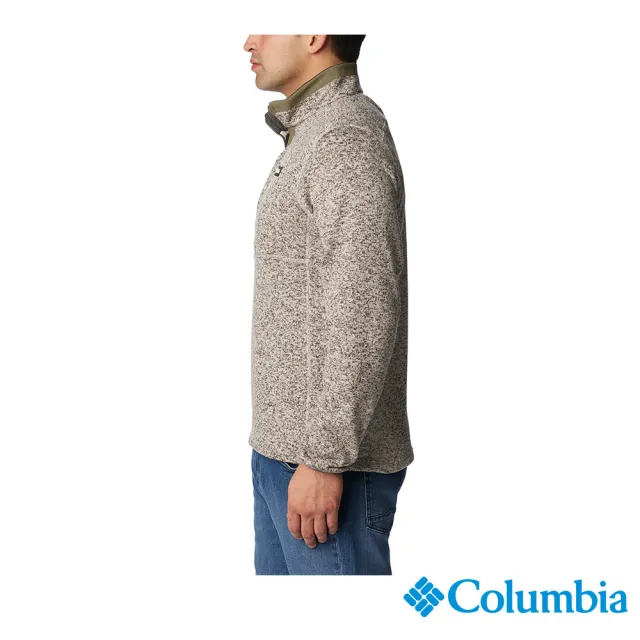 【Columbia 哥倫比亞 官方旗艦】男款-Sweater Weather™半開襟花紗針織刷毛上衣-卡其(UAE58170KI/HF)