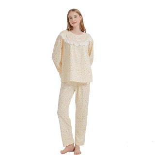 【蕾妮塔塔】繽紛小碎花 針織長袖兩件式睡衣(R27216-11米黃)