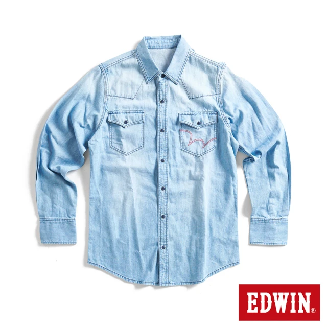 EDWIN 男裝 雙口袋長袖丹寧襯衫(石洗藍)