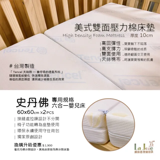 【La Joie 喬依思】史丹佛六合一嬰兒床(附升級美式壓力棉折疊床墊10cm+剎車腳輪+併床橫桿)