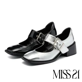 【MISS 21】叛逆未來少女純色寬繫帶大方頭瑪莉珍高跟鞋(黑)