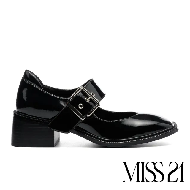 【MISS 21】叛逆未來少女純色寬繫帶大方頭瑪莉珍高跟鞋(黑)