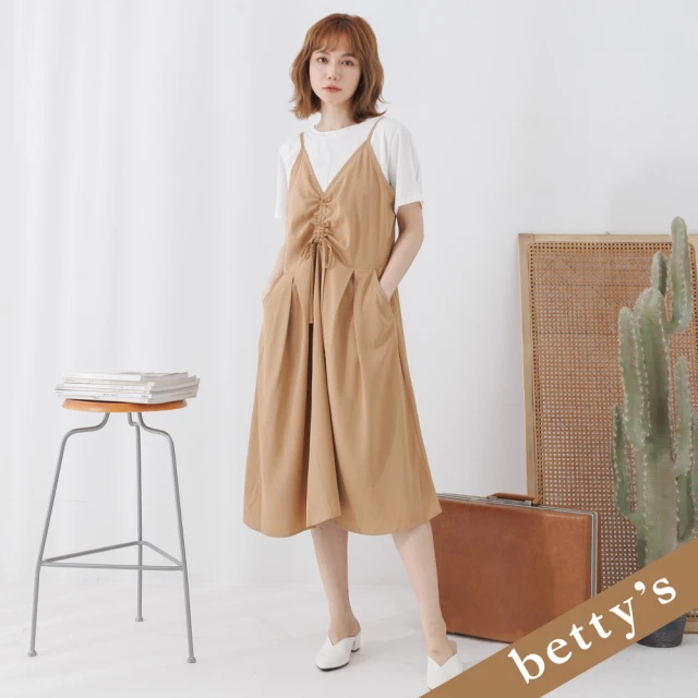 betty’s 貝蒂思 兩件式細肩帶抽繩打摺洋裝(卡其色)