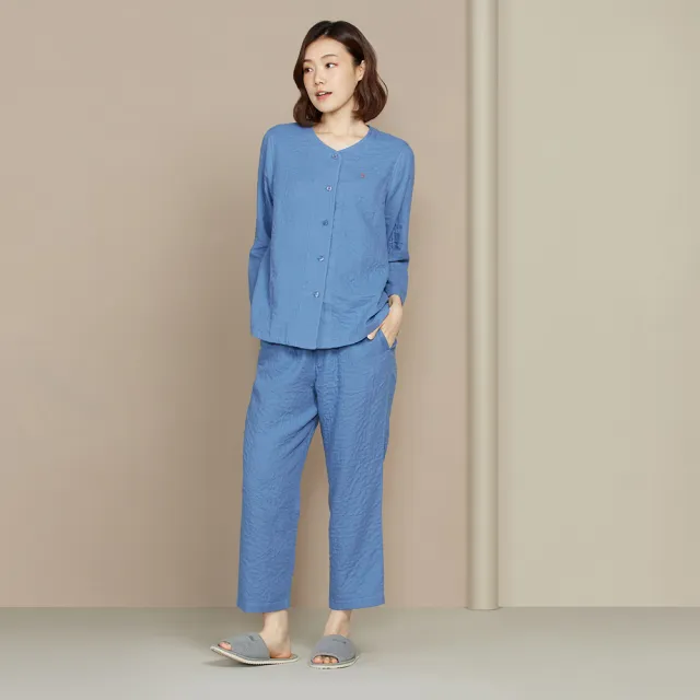 【YVONNE 以旺傢飾】雙層紗開襟長袖上衣(藍)