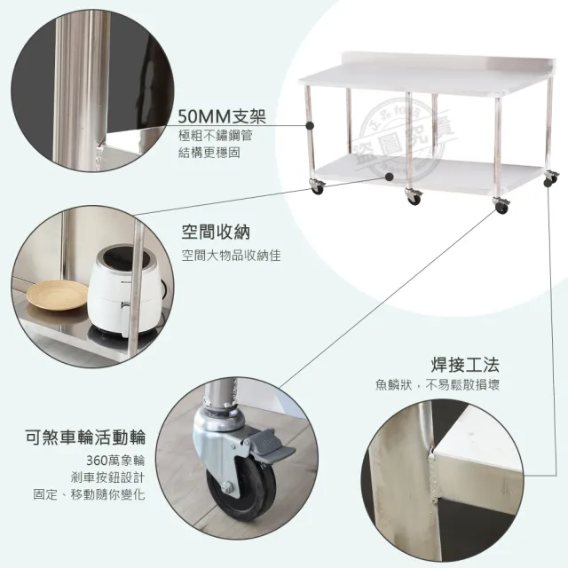 【Abis】客製商品-豪華升級版加牆款二層304不鏽鋼桌-附煞車輪/料理桌/工作桌/工作台/流理台(144X56CM)