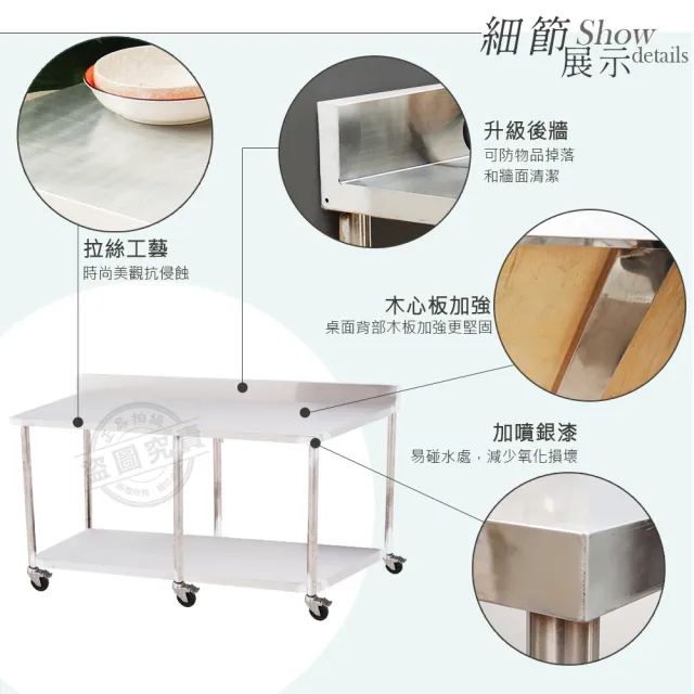 【Abis】客製商品-豪華升級版加牆款二層430不鏽鋼桌-附煞車輪/料理桌/工作桌/工作台/流理台(144X56CM)