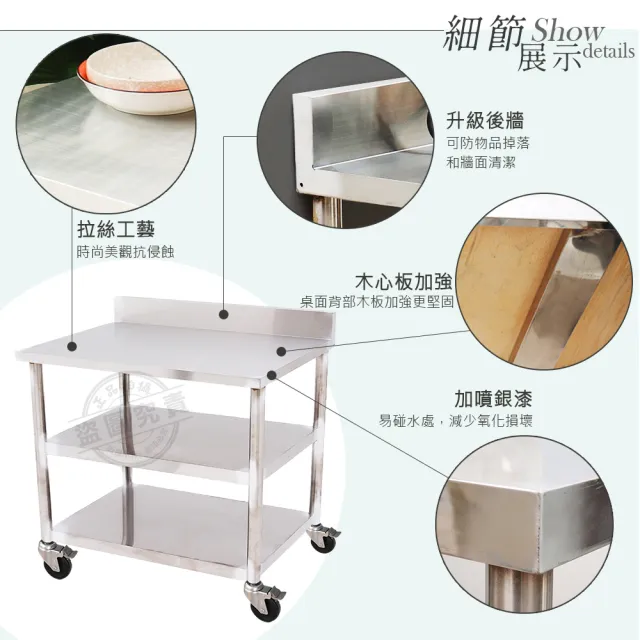 【Abis】客製商品-豪華升級版加牆款三層430不鏽鋼桌-附煞車輪/料理桌/工作桌/工作台/流理台(100X56CM)