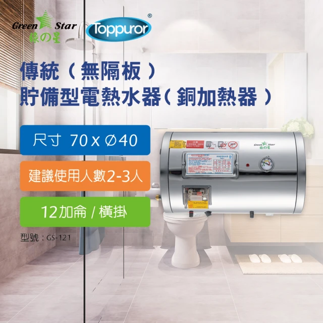Toppuror 泰浦樂 綠之星 傳統無隔板貯備型電熱水器銅加熱器12加侖橫掛式 6KW(GS-121-6)