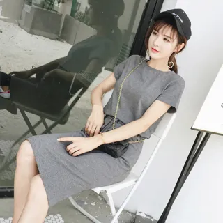 【良池】圓領棉料拉繩短袖連身裙(韓版長版休閒吸汗透氣上衣)