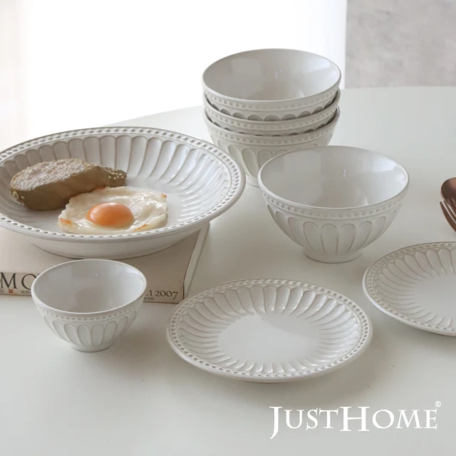 【Just Home】霧白輕奢條紋陶瓷碗盤餐具8件組(飯碗+盤+調味碟-可微波)