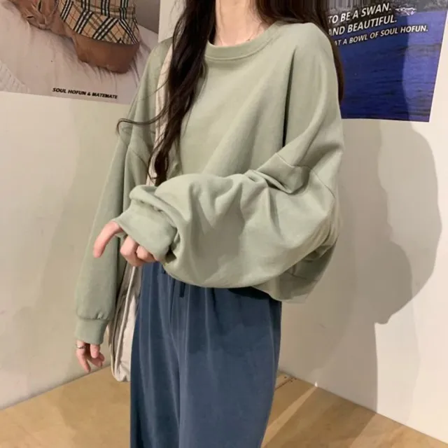 【D.studio】韓版復古色系寬鬆蝙蝠袖短版長袖上衣(短版上衣女裝衣服寬鬆上衣顯瘦上衣冬裝長袖t恤 W174)