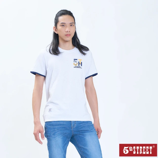 【5th STREET】男裝美式假兩件袖短袖T恤-白色