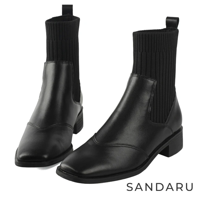 SANDARU 山打努 襪靴 真皮方頭針織拼接切爾西短靴(黑)