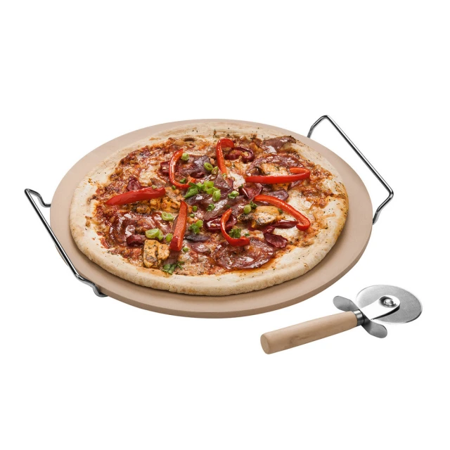 【Premier】披薩刀+石陶披薩烤盤 33cm(Pizza 比薩 圓形烤盤)