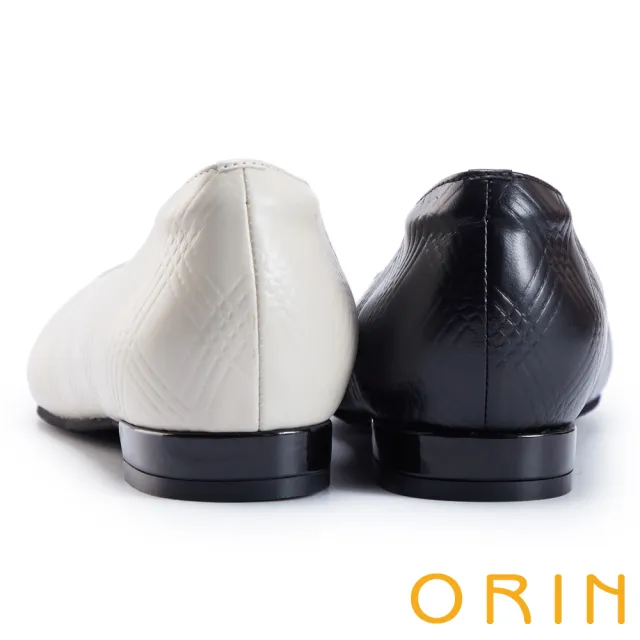 【ORIN】菱格壓紋牛皮尖頭低跟鞋(黑色)