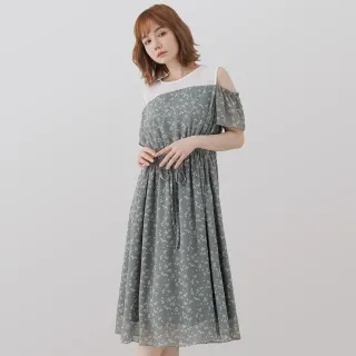 【betty’s 貝蒂思】小碎花露肩長洋裝(墨綠色)