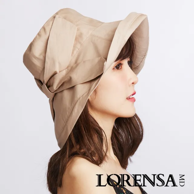 【Lorensa 蘿芮】抗UV蝴蝶結純棉透氣純色可折防風大帽簷防曬遮陽帽(杏色)