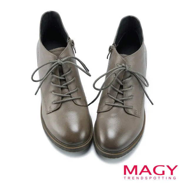 【MAGY】綁帶蠟感羊皮牛津粗跟踝靴(灰色)
