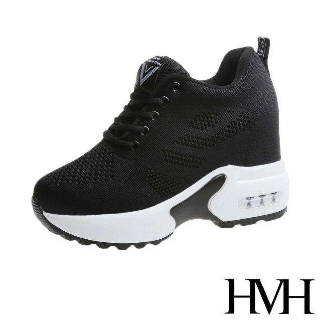 【HMH】舒適透氣飛織英文印字織帶拼接氣墊內增高厚底休閒鞋(黑)
