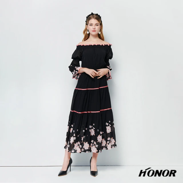 HONOR 山形屋 一字領透膚多層抓皺泡泡袖長洋裝