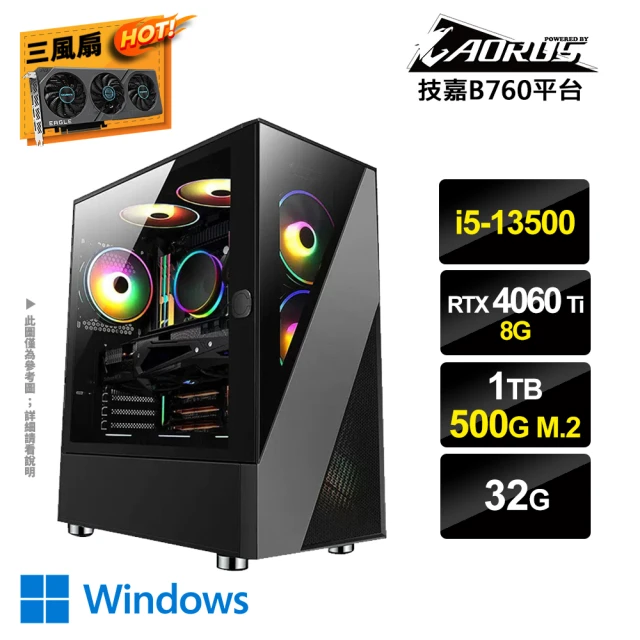 技嘉平台 i5十四核GeForce RTX4060Ti Win11{PS-GX11W}獨顯電玩機(i5-13500/B760/32G/1TB/500G_M.2)