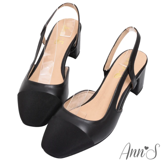Ann’SAnn’S 顯腳小系列-拼接羊皮真皮小香風拉帶粗跟包鞋5cm(黑)